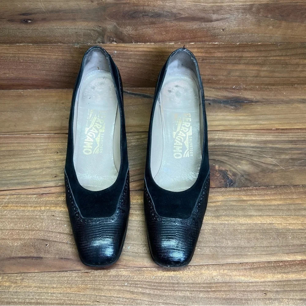 Salvatore Ferragamo Vintage Black Square Wedge Heels Women's 7AA Made in Italy